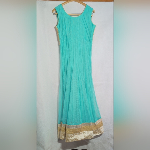 Unbranded Aqua & Gold M Anarkali  Women's Net Dress W/ Matching Scarf - Picture 3 of 8